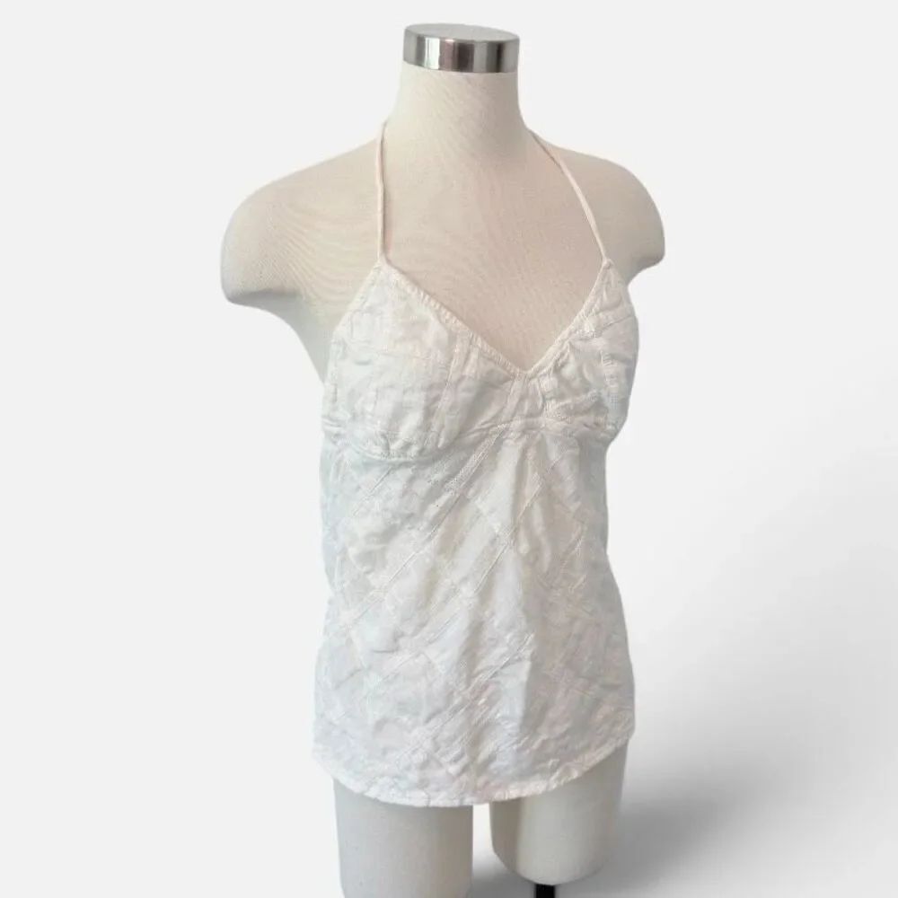 Vintage American Eagle 00s White Knit Halter Tank Top Boho V Neck Medium M